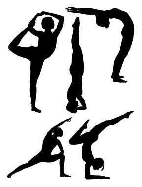 Yoga siluetleri poz verir. Sembol, logo, web simgesi, maskot, işaret veya istediğiniz herhangi bir tasarım için iyi bir kullanım alanı.