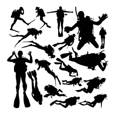 Tüplü dalgıç siluetleri. Sembol, logo, web simgesi, maskot, işaret veya istediğiniz herhangi bir tasarım için iyi kullanım.
