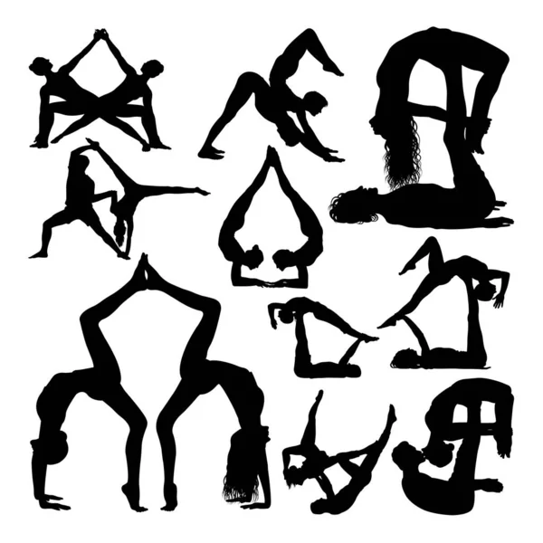 Yoga Paar Poseert Silhouetten Goed Gebruiken Voor Symbool Logo Mascotte — Stockvector