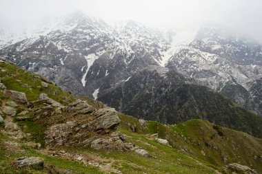 Kaya oluşumları ve kar karşı yeşil çayırlar Himalaya Dağları Dhaulahaar aralıkları kaplıdır. Himachala Pradesh, Hindistan.