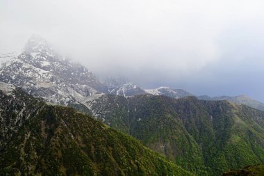 Üst ve yeşil Gras ve ağaçlar ile aralıkları kar Himalaya Dağları. Triund Tepesi, Himachal, Pradesh, Hindistan konumundan View