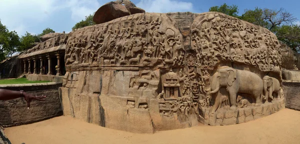 Arjuna Penance Descida Ganges Grande Relevo Rocha Esculpido Mahabalipuram Tamil — Fotografia de Stock