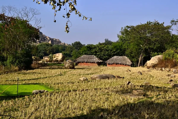 Indian traditional rural landscape with two small houses with thatched roof. Village near Hampi, Karnataka, India