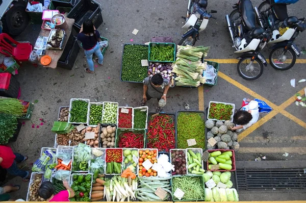 Top View Street Asian Market Morning People Healthy Colorful Vegetables — Stock Photo, Image