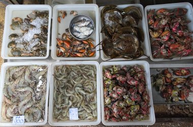 Suda farklı deniz ürünleri içeren kutular. Yengeç, karidesler, ıstakoz, at nalı yengeçler.