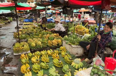 Dong Ha, Vietnam - Eylül, 2015: Vietnamlı kadınlar geleneksel Asya pazarında şemsiye altında çok sayıda muz meyvesi satıyor