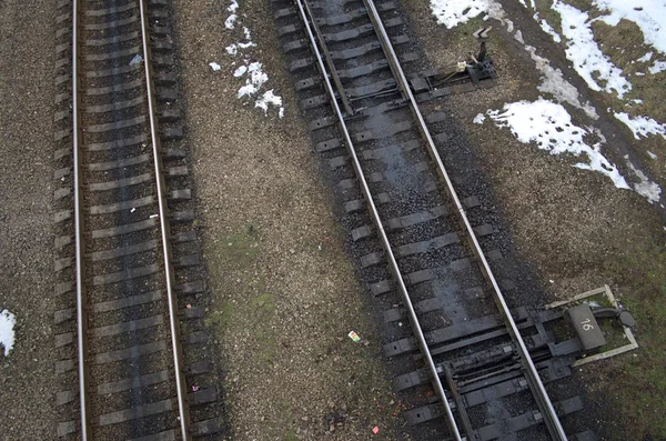 Vista Superior Las Vías Del Ferrocarril Con Interruptor Señal —  Fotos de Stock