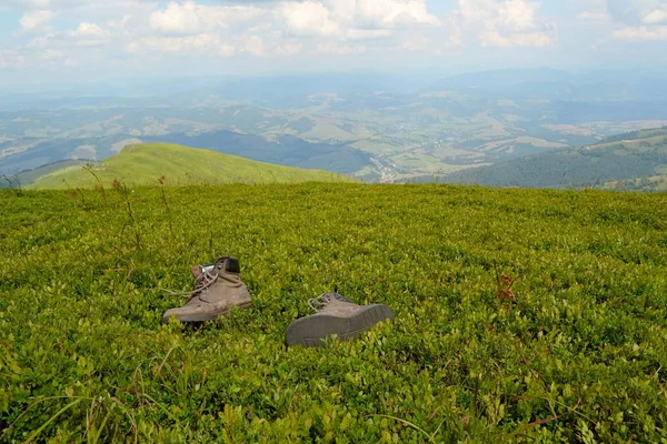 Traveler brown boots on a green grass on the mountain peak Male shoes. Carpathians, Ukraine