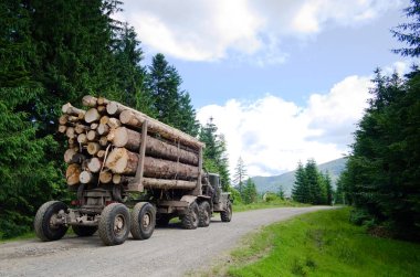 Dolu kereste kamyonu ormandaki günlükleri taşır. Kereste taşımacılığı konsepti. Dağlarda çevre problemi kavramı ve ormansızlaşma sorunu. Karpatlar, Ukrayna.