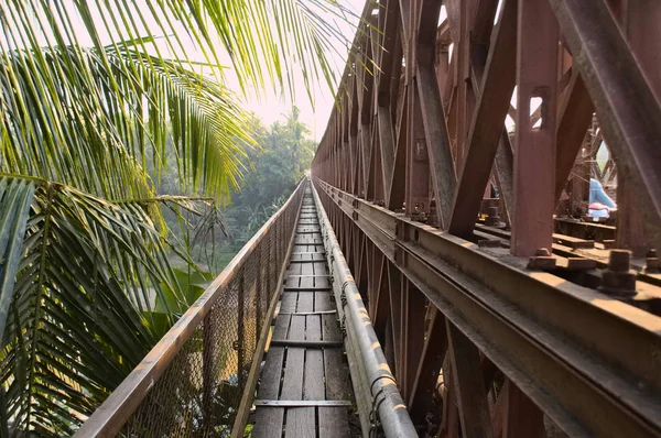 Palmiye ağacı yakınındaki insanlar için yaya yolu ile Mekong nehri üzerinde yol köprüsü. Luang Prabang, Laos.