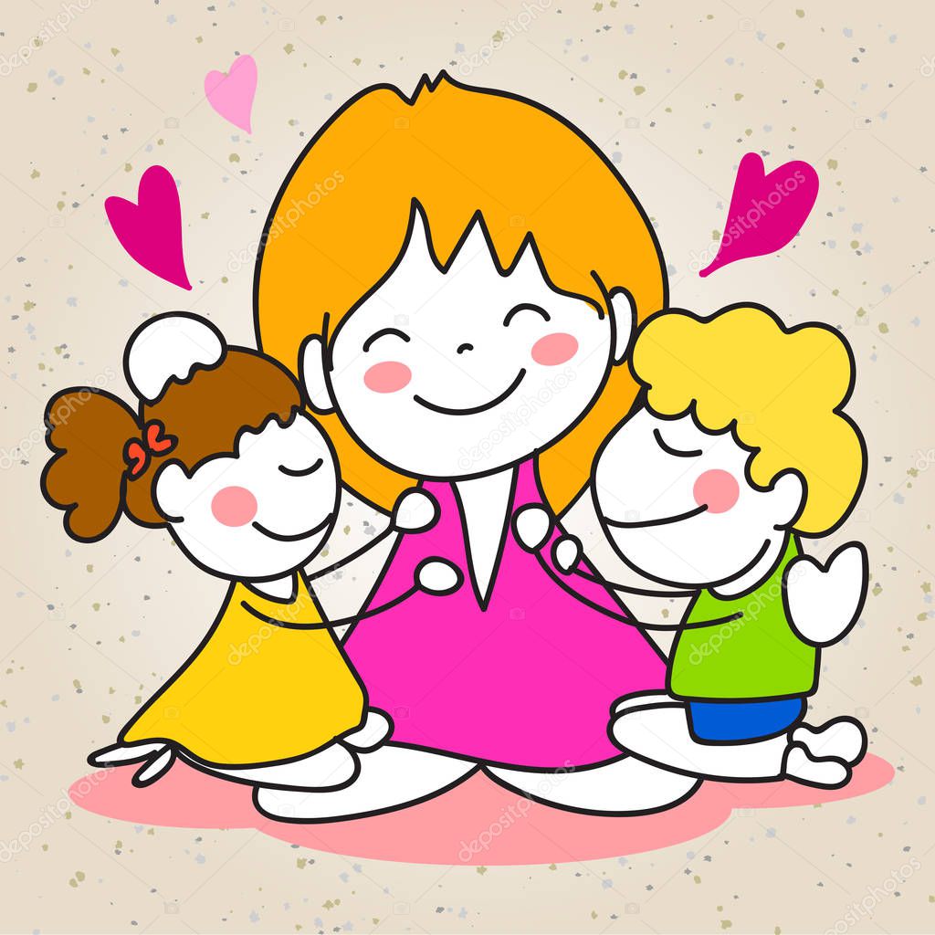 Hand drawing cartoon character happy mothers day. Vector illustration. Abstract people. Mother and kids holding with love and care. Love mom happiness and family concept.