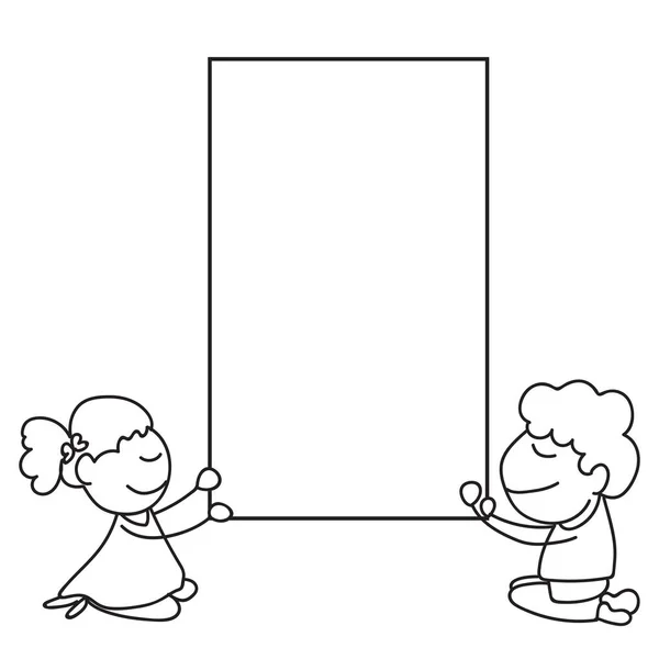 Handzeichnung Cartoon Figur Glückliches Kind Hält Leeres Papier Abstrakte Menschen — Stockvektor