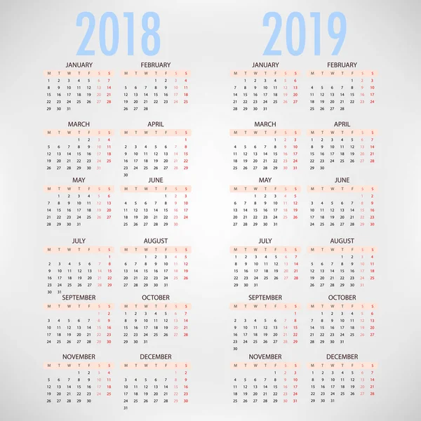 Kalender Für 2018 2019 Auf Weißem Hintergrund Die Woche Beginnt — Stockvektor