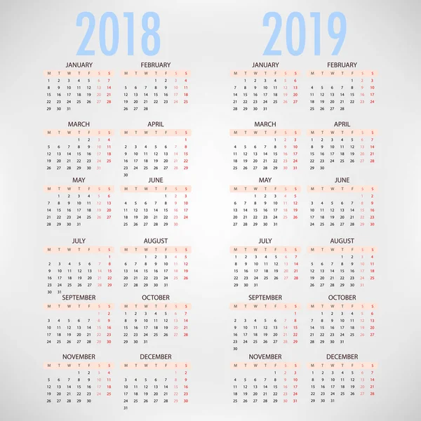 Calendrier 2018 2019 Sur Fond Blanc Semaine Commence Lundi Modèle — Image vectorielle