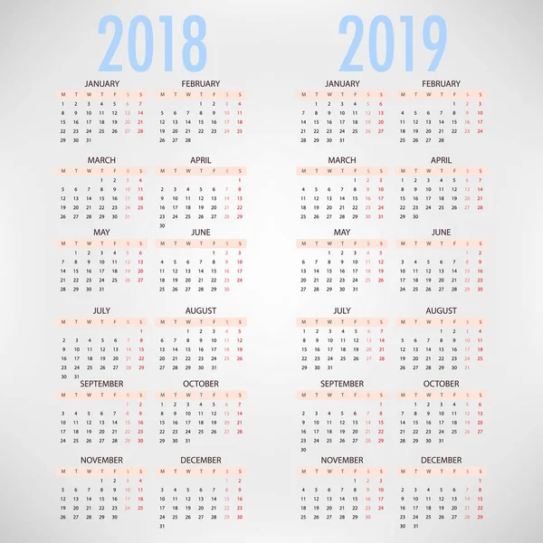 Calendrier 2018 2019 Sur Fond Gris Semaine Commence Lundi Modèle — Image vectorielle