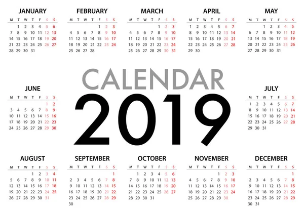Календар 2019 Рік Білому Тлі Цитуванням Повідомлення Тиждень Починається Понеділка — стоковий вектор