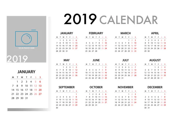 Calendario Para 2019 Sobre Fondo Blanco Con Mensaje Cotización Semana — Archivo Imágenes Vectoriales