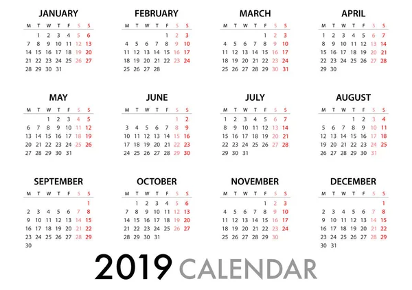 Kalender Für 2019 Auf Weißem Hintergrund Mit Zitatnachricht Die Woche — Stockvektor