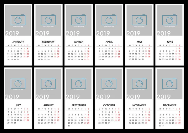 Calendrier 2019 Sur Fond Gris Avec Message Devis Semaine Commence — Image vectorielle