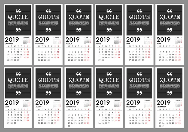 Kalender Voor 2019 Grijze Achtergrond Met Citaat Bericht Week Begint — Stockvector