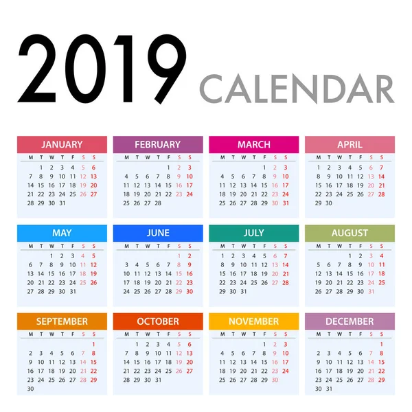 Calendrier 2019 Sur Fond Blanc Semaine Commence Lundi Modèle Vectoriel — Image vectorielle