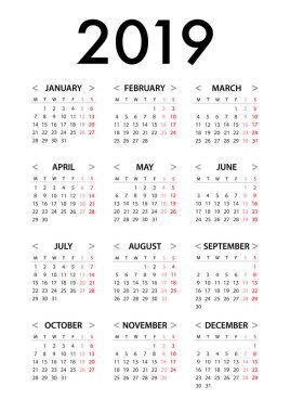Takvim 2019 hafta başlayan Pazartesi için. Basit vektör grafik tasarım şablonu