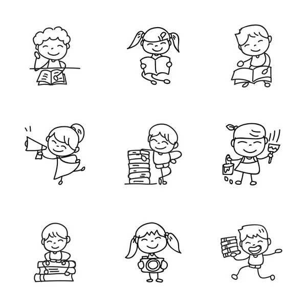 Dessin à la main dessin animé enfants heureux retour à l'école vecteur illustrati — Image vectorielle
