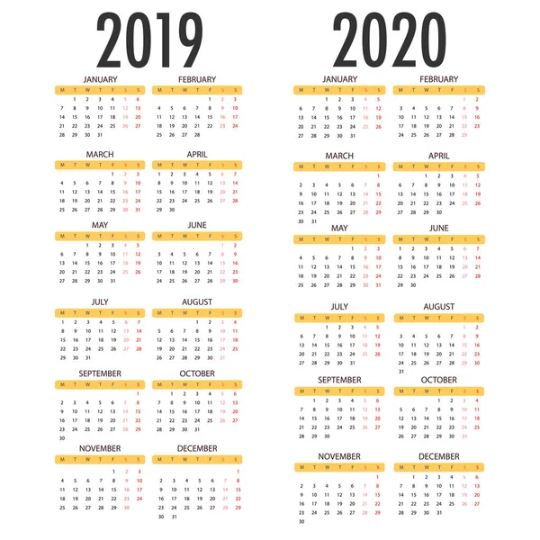 Kalender für 2019 2020 einfache Vektorvorlage — Stockvektor