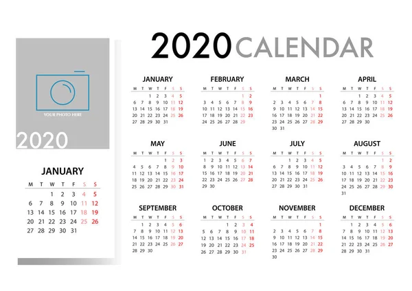 Calendario Para 2020 Sobre Fondo Blanco Semana Empieza Lunes Plantilla — Vector de stock