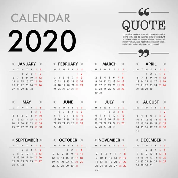 Calendario 2020 Sfondo Bianco Settimana Inizia Lunedì Modello Vettoriale Semplice — Vettoriale Stock