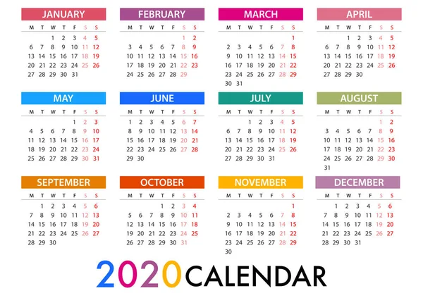 Calendario Para 2020 Sobre Fondo Blanco Semana Empieza Lunes Plantilla — Vector de stock