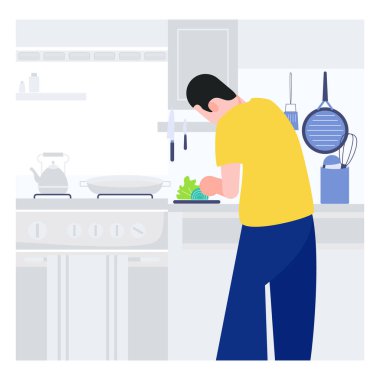 Evde kal. Evde yemek pişirmek. Mutfakta yemek pişiren adam düz dizayn karakter vektörü.