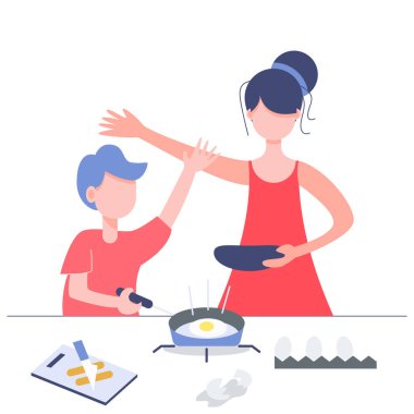 Anne ve oğlu evde yemek yapıyor. Ev hayatı hobisinde kal. Düz karakter soyut insan vektörü.