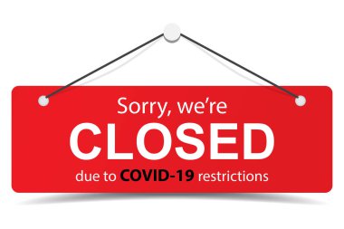 Covid-19 kısıtlamaları nedeniyle kapalı tabeladayız. Coronavirus salgını taşıyıcısı. Kapı işareti, çıkartma, dükkan açmak için lazer kesimi