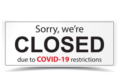 Covid-19 kısıtlamaları nedeniyle kapalı tabeladayız. Coronavirus salgını taşıyıcısı. Kapı işareti, çıkartma, dükkan açmak için lazer kesimi