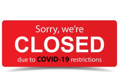 Covid-19 kısıtlamaları nedeniyle kapalı tabeladayız. Coronavirus salgını taşıyıcısı. Kapı işareti, çıkartma, dükkan açmak için lazer kesimi