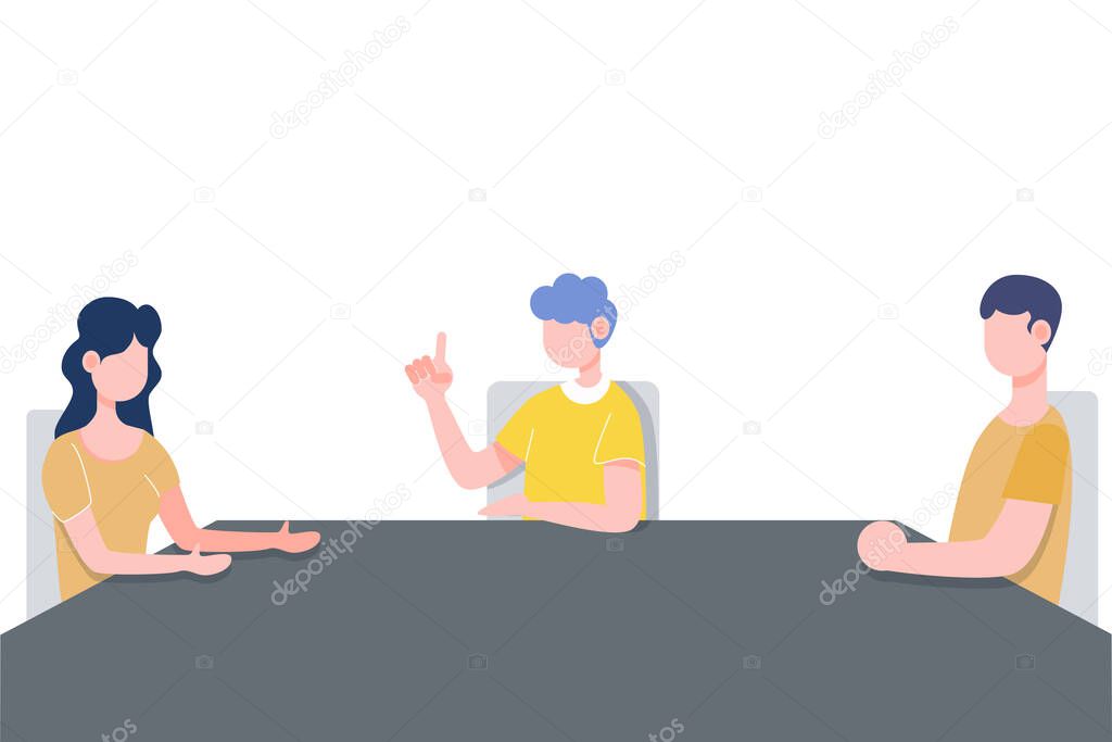 People in family three person sitting together keep distance flat character design. New normal concept vector
