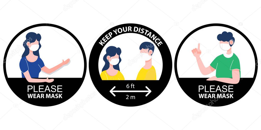 Set of Please wear mask keep distance sign. New normal social distancing banner. Health care and medical flat character vector.