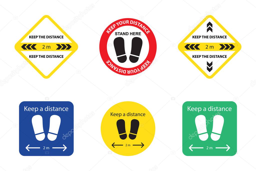 Set of six Keep your distance sign stickers for reopening business. New normal social distancing due to covid-19 coronavirus outbreak. Health care and medical vector.