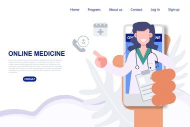 Kadın doktor mesleği cep telefonunun internet tıbbından her yerden çıkıveriyor. Sağlık ve tıbbi düz karakter çizimi