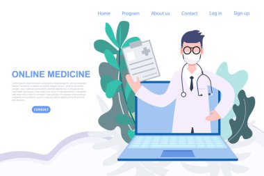 Erkek doktor mesleği laptoptan online tıptan her yerden çıkıveriyor. Sağlık ve tıbbi düz karakter çizimi