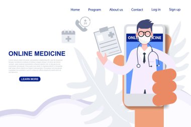 Erkek doktor mesleği cep telefonunun internet tıbbından her yerden çıkıveriyor. Sağlık ve tıbbi düz karakter çizimi