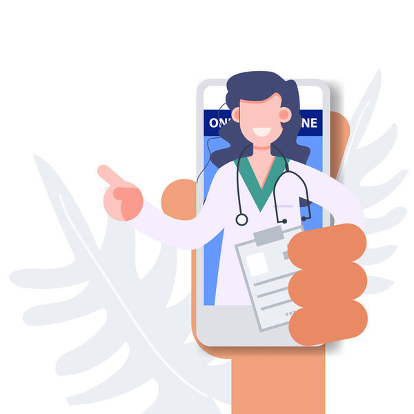 Профессия врача-женщины появляется с мобильного телефона онлайн медицины откуда угодно. Векторная иллюстрация здравоохранения и плоского медицинского характера
