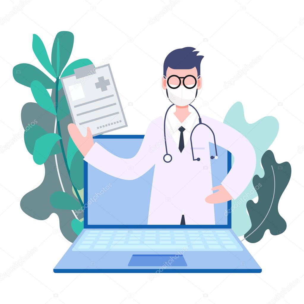 Male doctor profession pop up from laptop online medicine from anywhere. Health care and medical flat character vector illustration