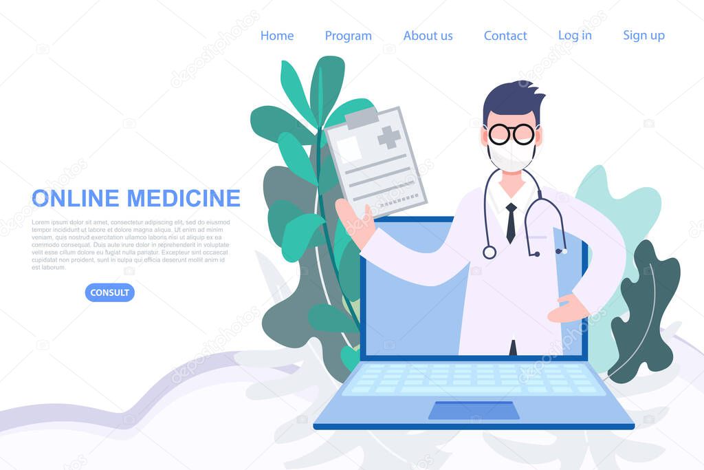 Male doctor profession pop up from laptop online medicine from anywhere. Health care and medical flat character vector illustration