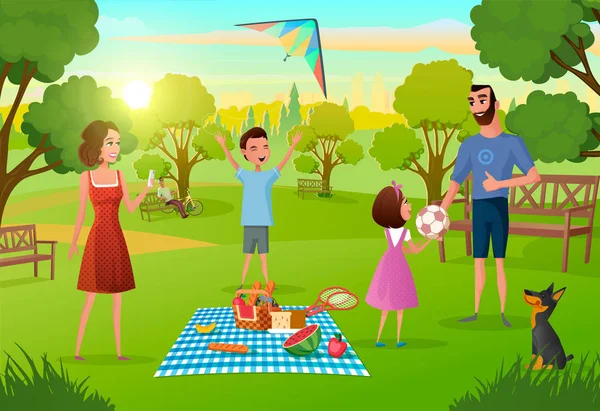 ベクター都市公園でのピクニックの楽しい家族 — ストックベクタ