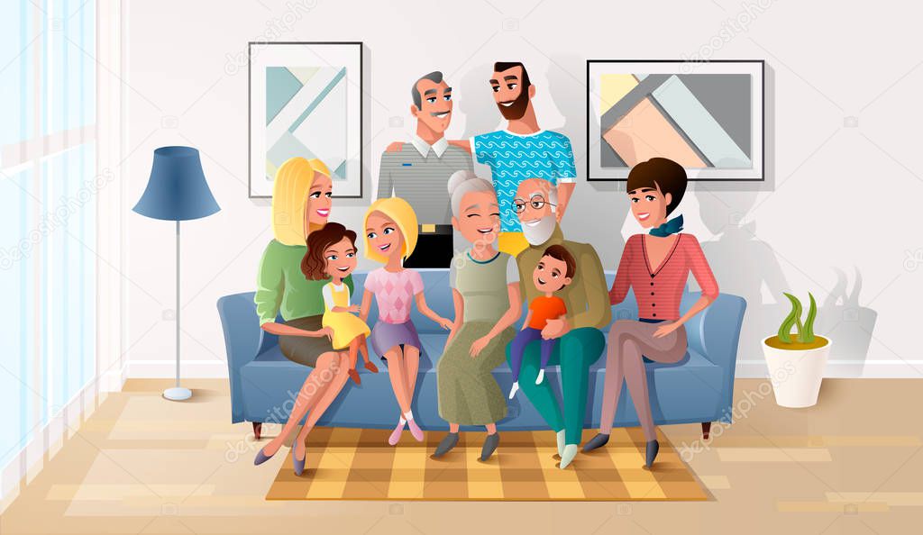 Big Family Spending Time Together at Home Vector