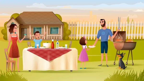 Family Grill Party on Backyard Vector Concept — Stock Vector