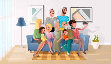 Büyük mutlu aile karikatür vektör selfie fotoğrafı