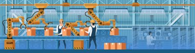 Konveyör hattı vektör üzerinde robotlar ile emekçilerin